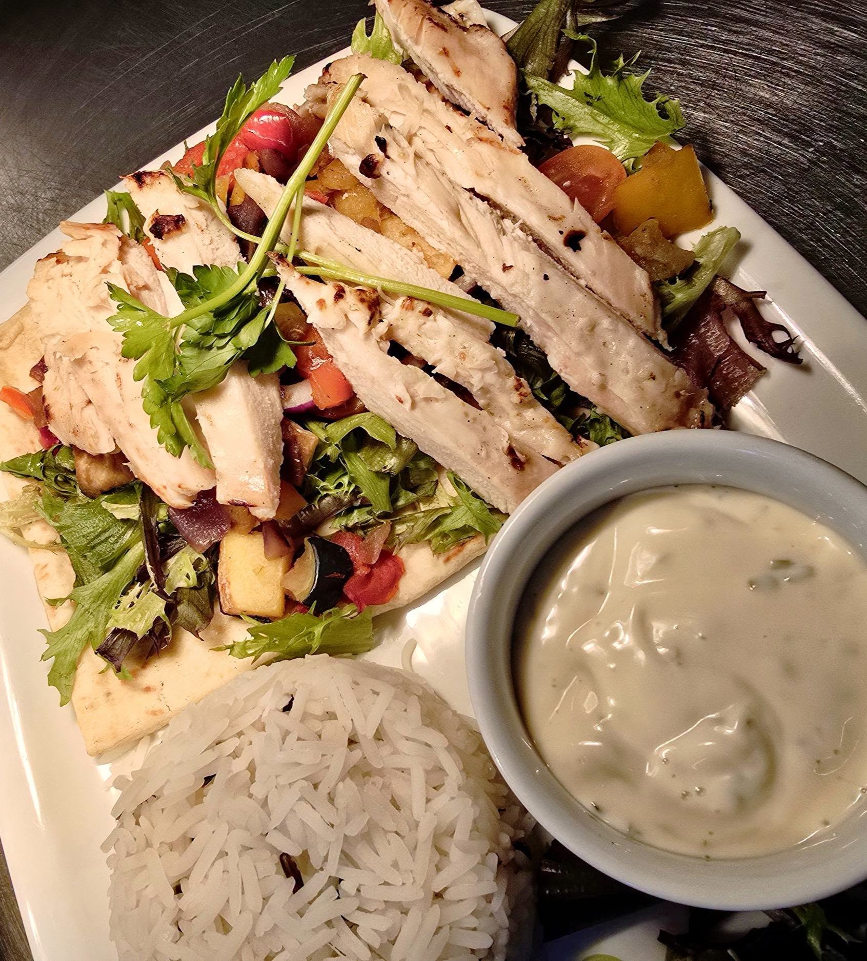Grilled chicken flatbread with rice