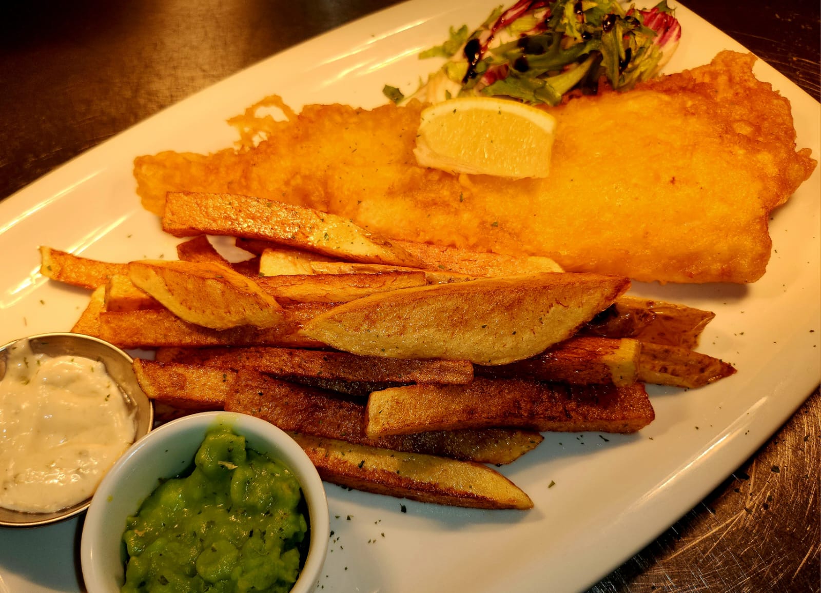 Fish and chips with mushy peas