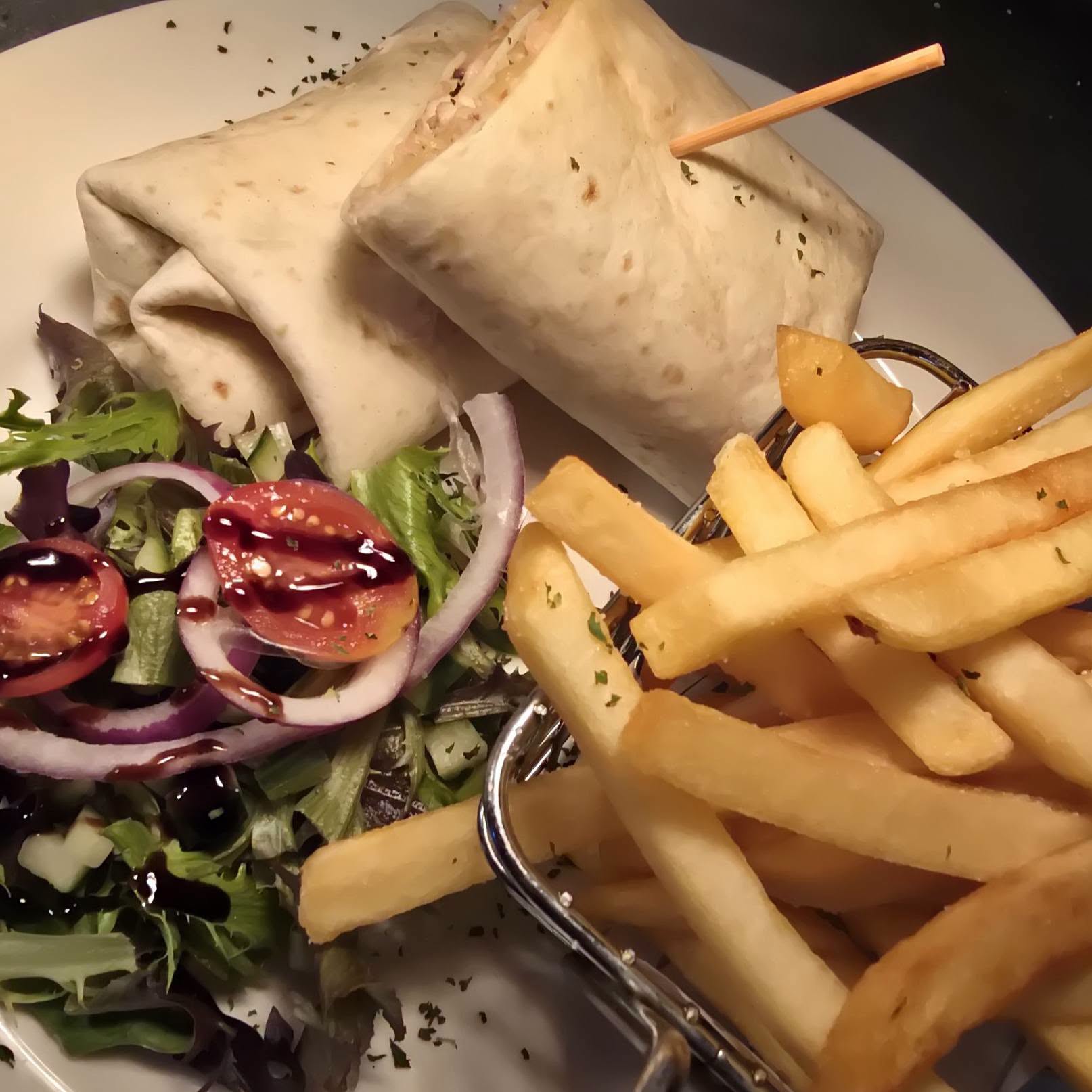 Loaded wrap with fries and salad